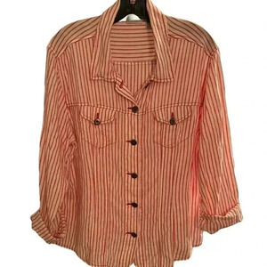 Chico’s LINEN Button Down Pink/white Stripe Shirt W/Pockets/metal Buttons Sz XL